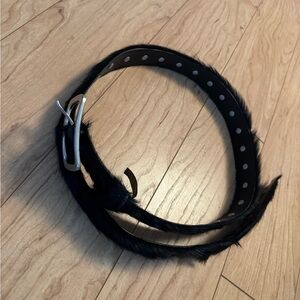 Dries Van Noten Black Hair On Leather Furry Belt with Silver Studs